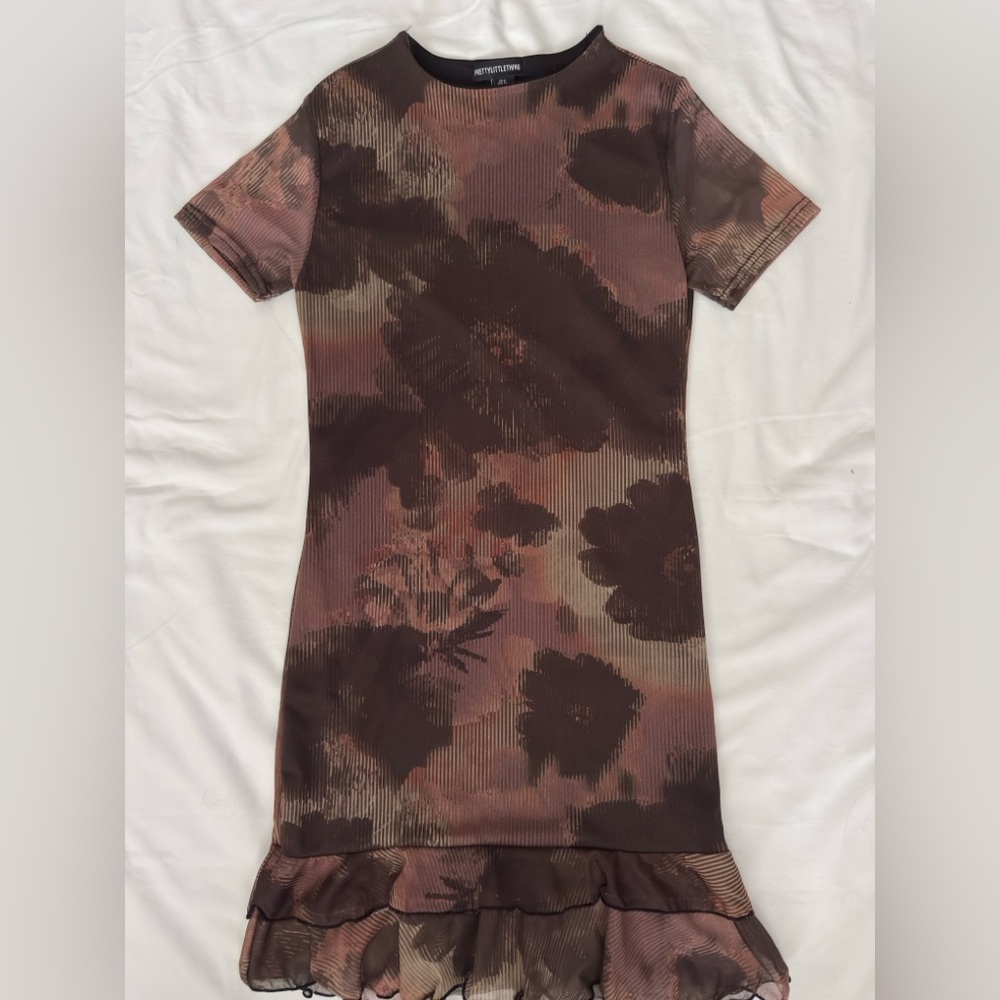 PrettyLittleThing Brown Floral Ribbed Mini Dress with Ruffle Hem